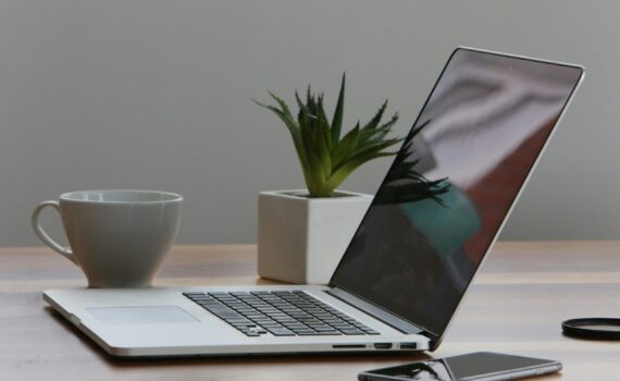 Free Minimalist home office desk with laptop, smartphone, and plant for a modern work environment. Stock Photo